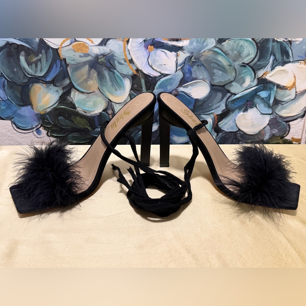 SheIn Black Feather Lace-Up Heels Square Toe Stilettos Heels Size 10 Elegant - Picture 5 of 8